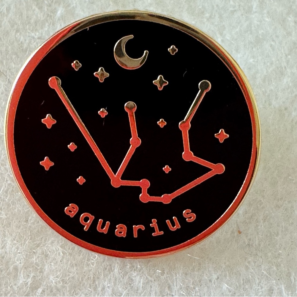 Fashion Jewelry Aquarius Zodiac Brooch - Black Enamel and Gold Metal